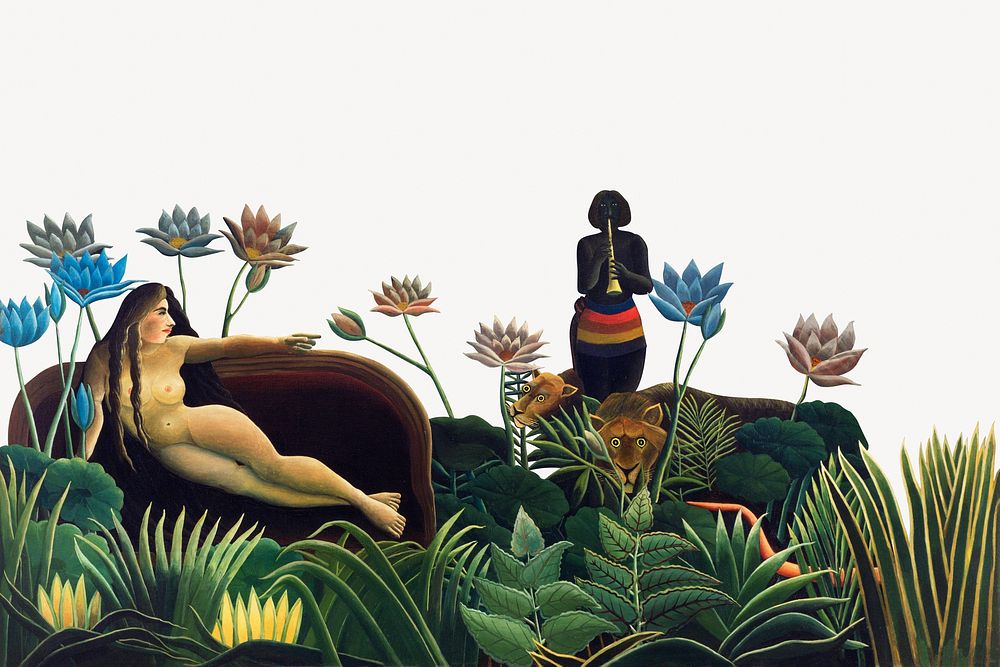 Henri Rousseau's The Dream background, vintage botanical border, remixed by rawpixel