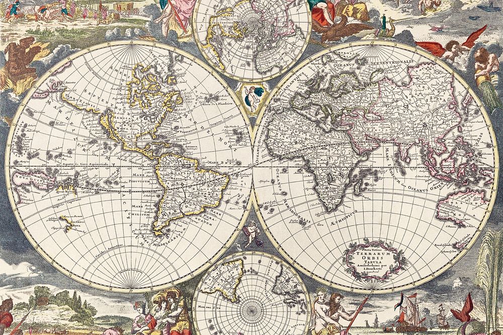 Vintage world map background, artwork by Justus Danckerts, remixed by rawpixel