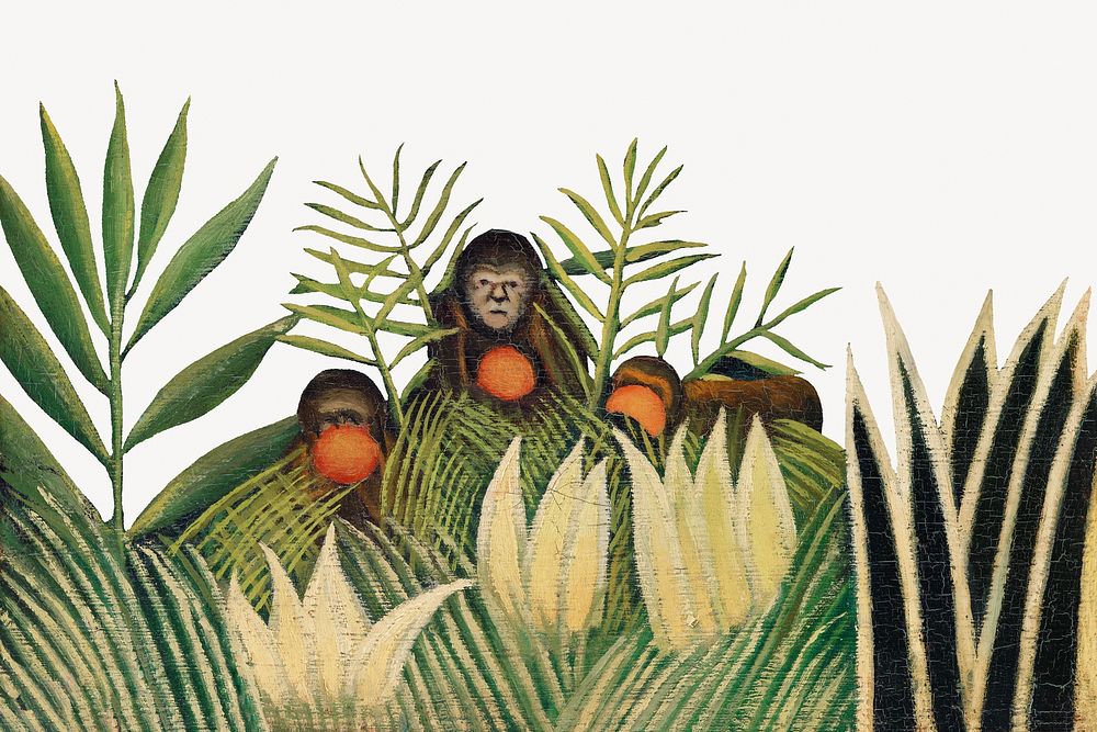 Henri Rousseau's monkey background, vintage forest border, remixed by rawpixel