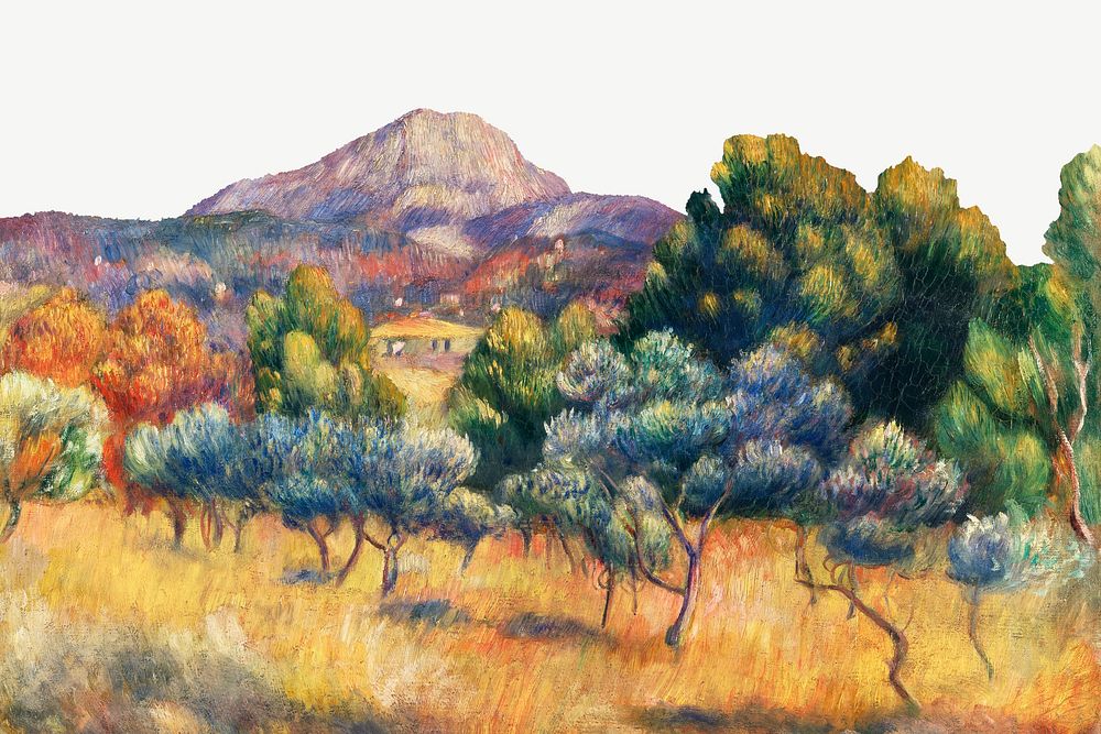 Montagne Sainte-Victoire background, Pierre-Auguste Renoir's oil painting psd, remixed by rawpixel