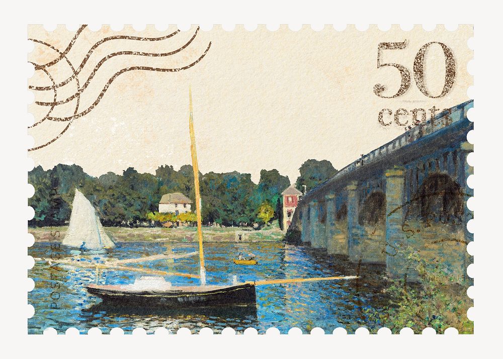 Monet's Argenteuil Bridge  artwork postage stamp. Famous art remixed by rawpixel.