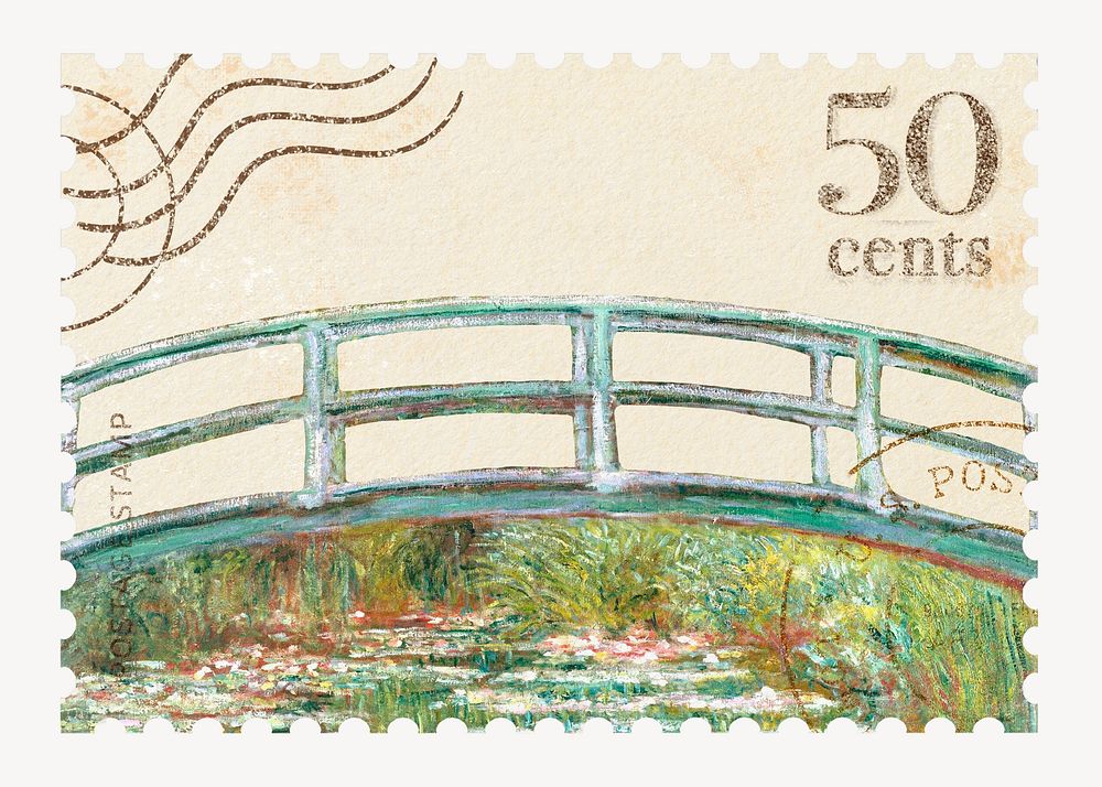 Monet's bridge  artwork postage stamp. Famous art remixed by rawpixel.