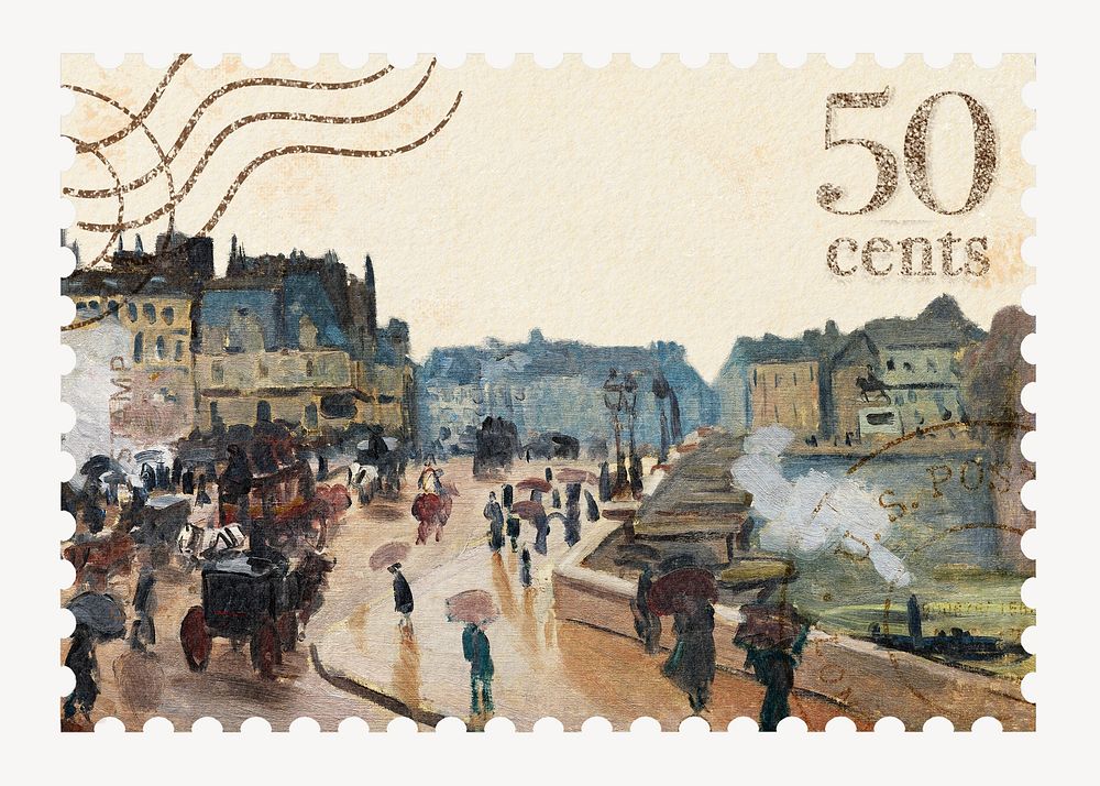Pont Neuf  artwork postage stamp. Claude Monet artwork, remixed by rawpixel.