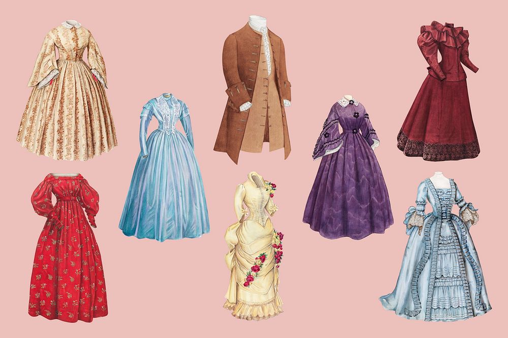 Victorian fashion, women's vintage apparel set psd, remixed by rawpixel