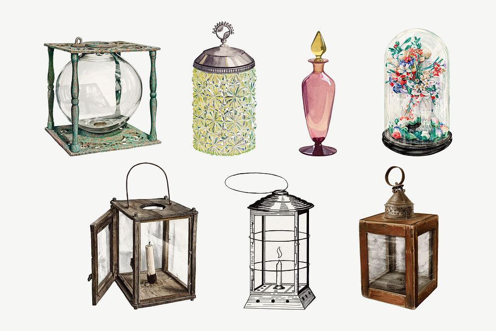 Victorian lantern, vintage object set psd, remixed by rawpixel