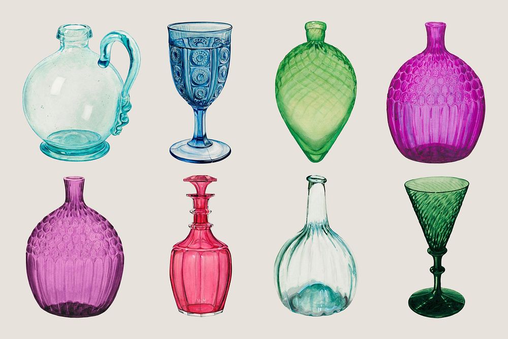 Vintage Victorian glassware set psd, remixed by rawpixel