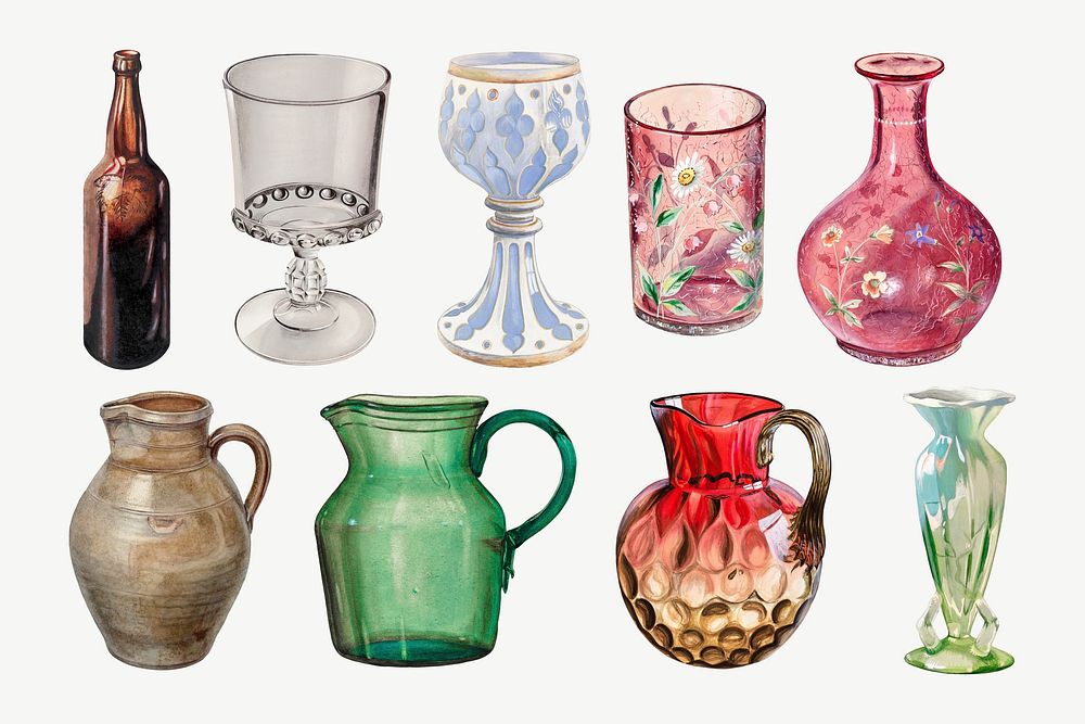 Vintage glassware set psd, remixed by rawpixel