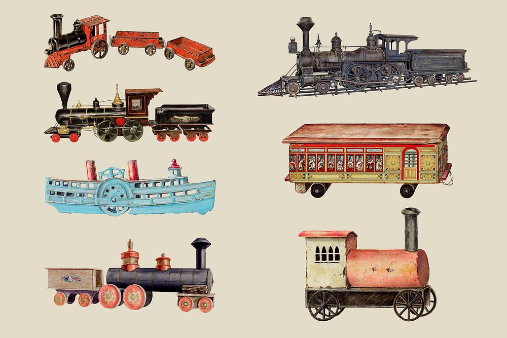 Vintage transportation, train and ship set psd, remixed by rawpixel