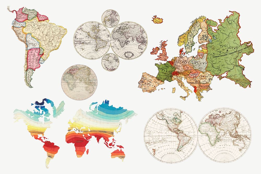 Vintage travel map clipart set psd, remixed by rawpixel