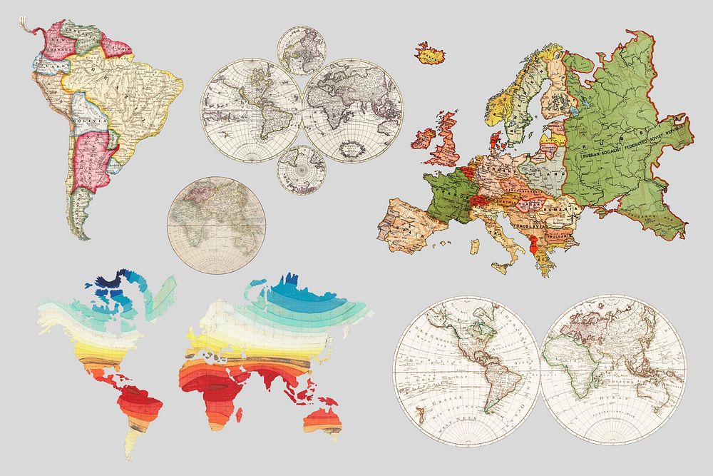 Vintage world map set psd, remixed by rawpixel
