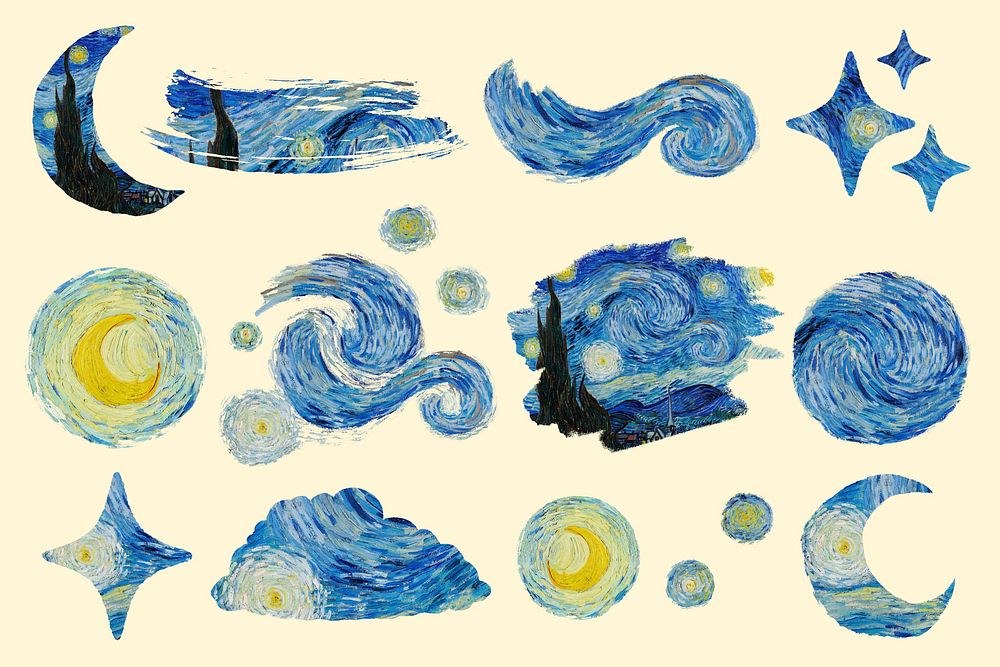 Van Gogh's Starry Night clipart set psd, remixed by rawpixel