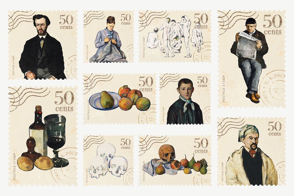 Postage stamp, Paul Cezanne's famous painting set psd, remixed by rawpixel