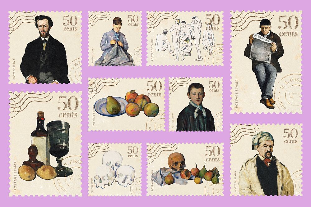 Paul Cezanne's famous painting, postage stamp set psd, remixed by rawpixel
