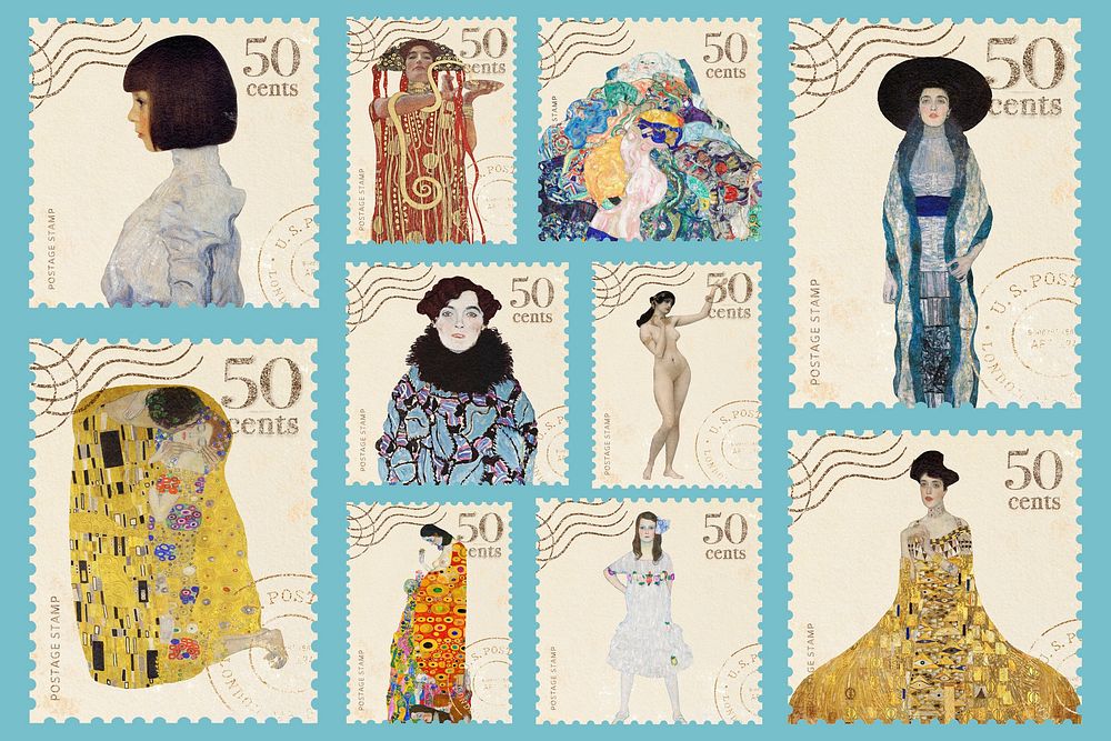 Vintage postage stamp, Gustav Klimt's  famous painting set psd, remixed by rawpixel