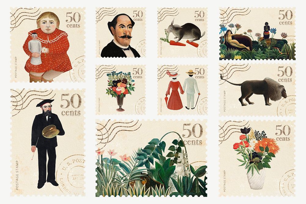 Henri Rousseau's postage stamps, famous painting collage element set psd, remixed by rawpixel