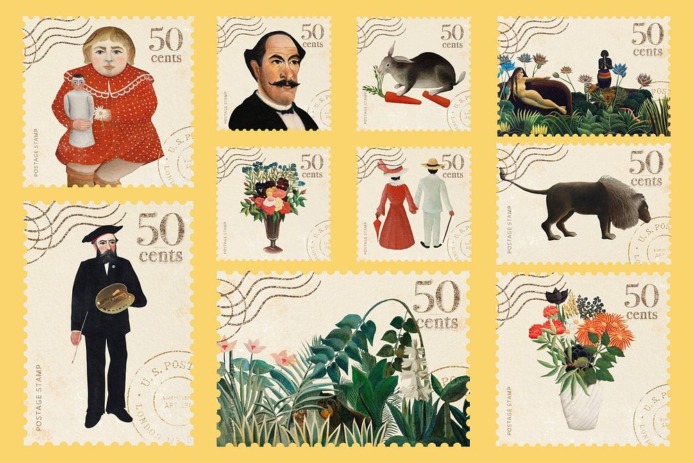 Henri Rousseau's postage stamps, famous painting collage element set psd, remixed by rawpixel