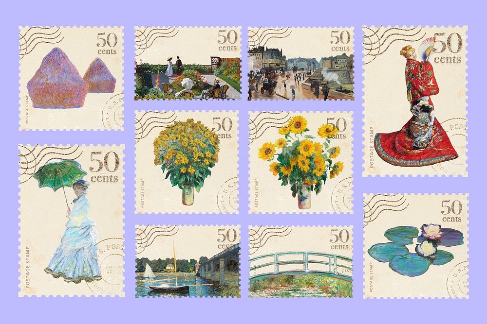 Claude Monet postage stamp element set psd. Famous art remixed by rawpixel.