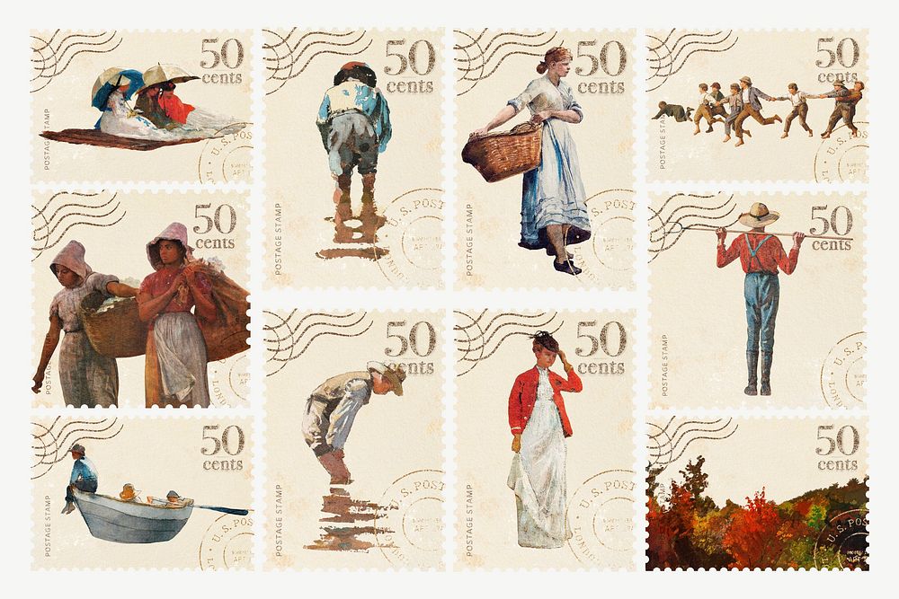 Winslow Homer's famous painting, postage stamp set psd, remixed by rawpixel