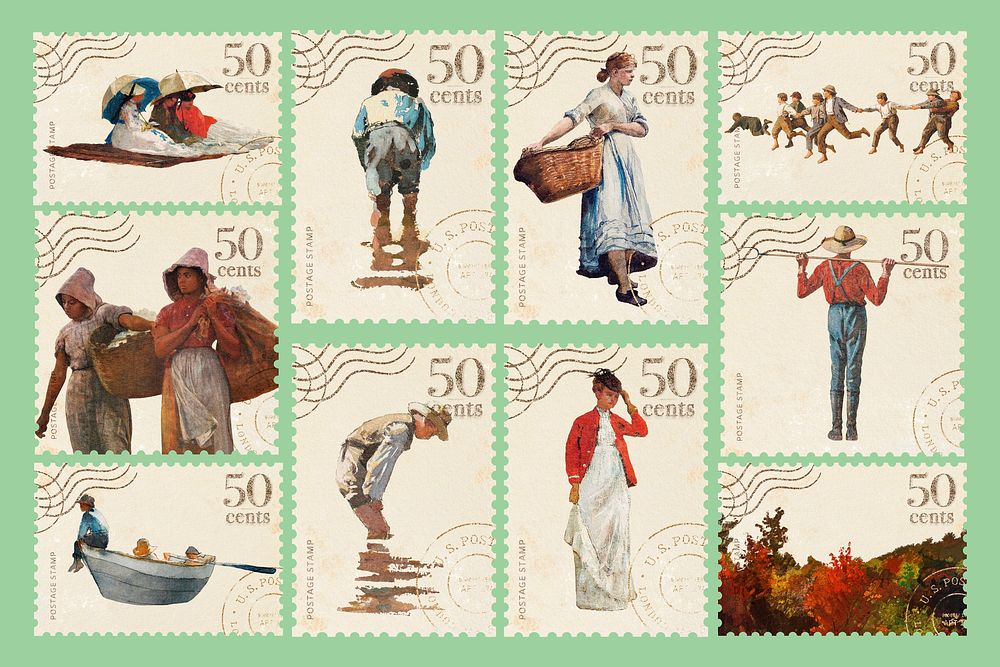 Postage stamp, Winslow Homer's famous painting set psd, remixed by rawpixel