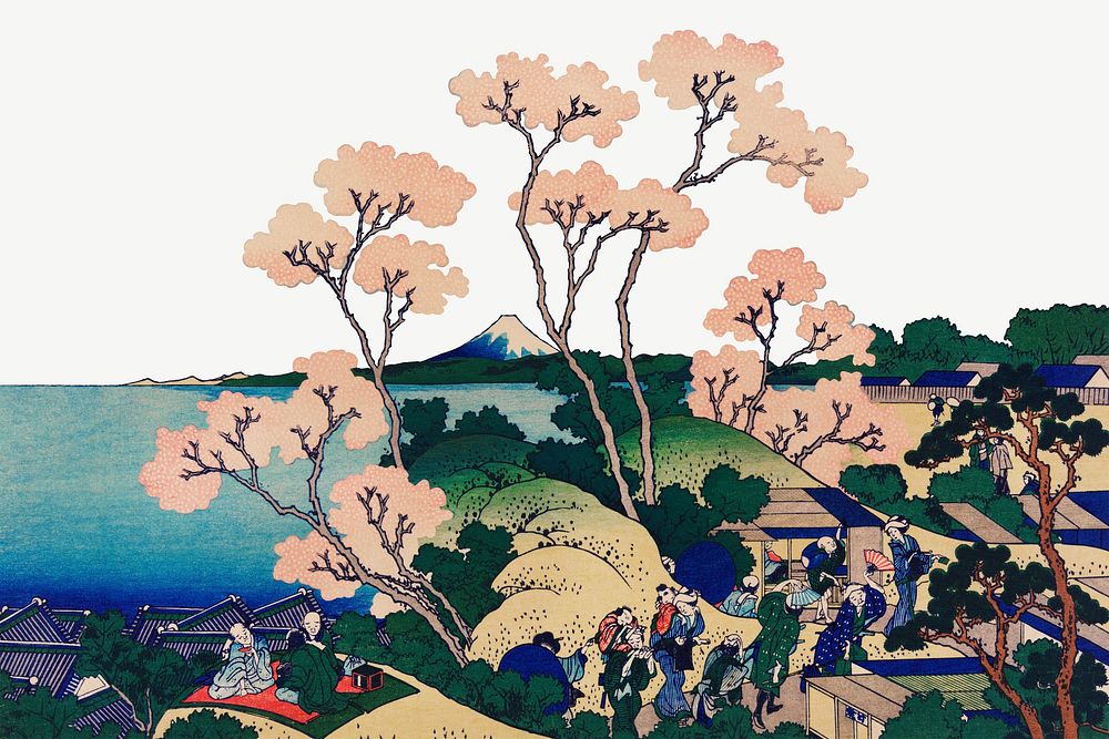 Hokusai's sakura blossom clipart, traditional Japanese Ukyio-e style illustration psd. Remastered by rawpixel.
