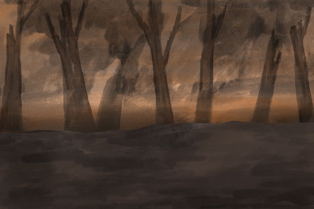 Burnt forest, brown background, aesthetic paint illustration