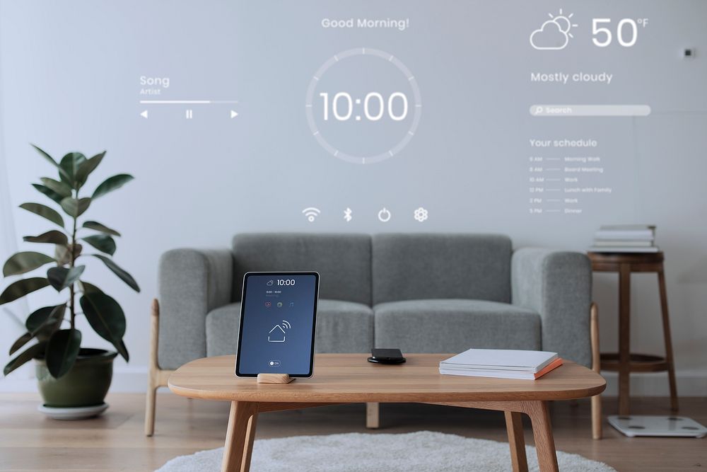 Digital tablet screen mockup psd on a wooden table with smart home controller