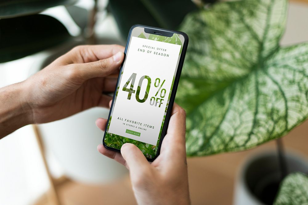 Phone screen mockup psd in with online houseplant shop ads