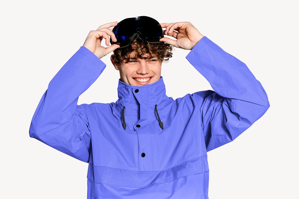 Happy man wearing purple snowboard jacket, winter fashion