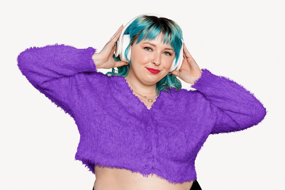 Woman in cropped purple teddy cardigan, winter fashion