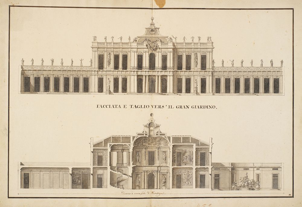 Facade facing the garden and section of the same building by Marcus Tuscher