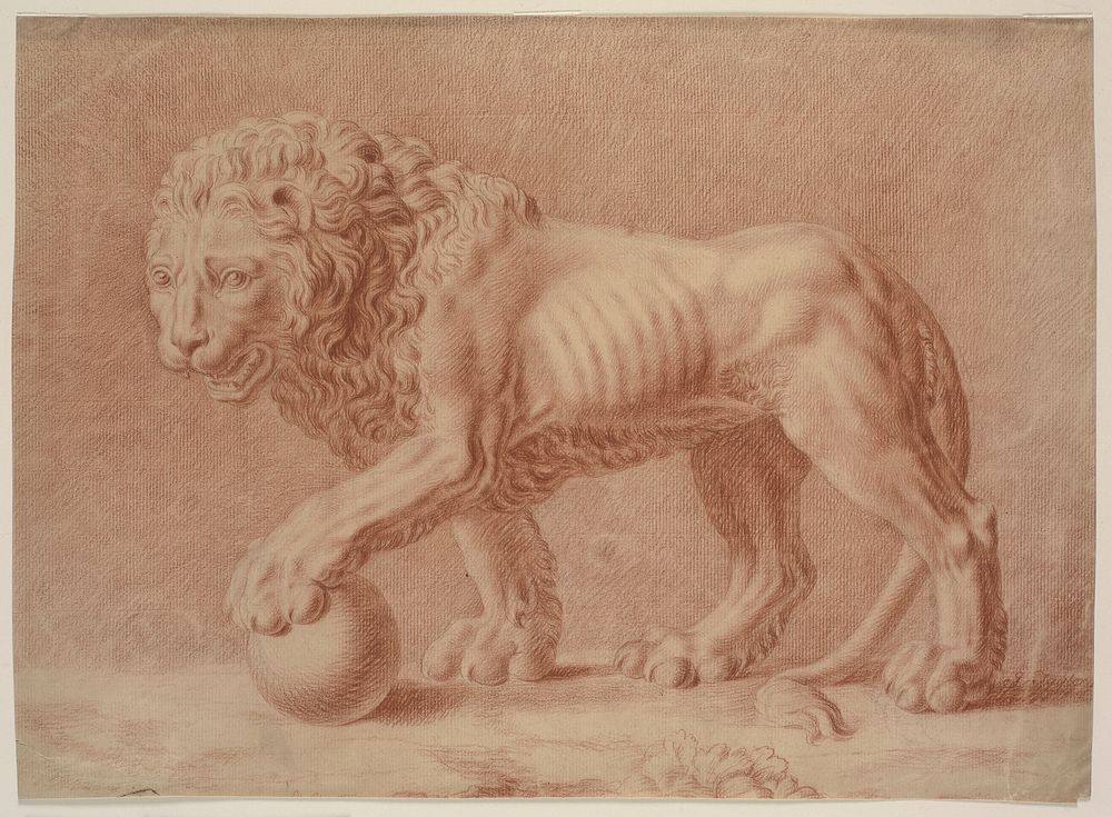 Lion facing left with left forepaw on globe by Isaac Taylor