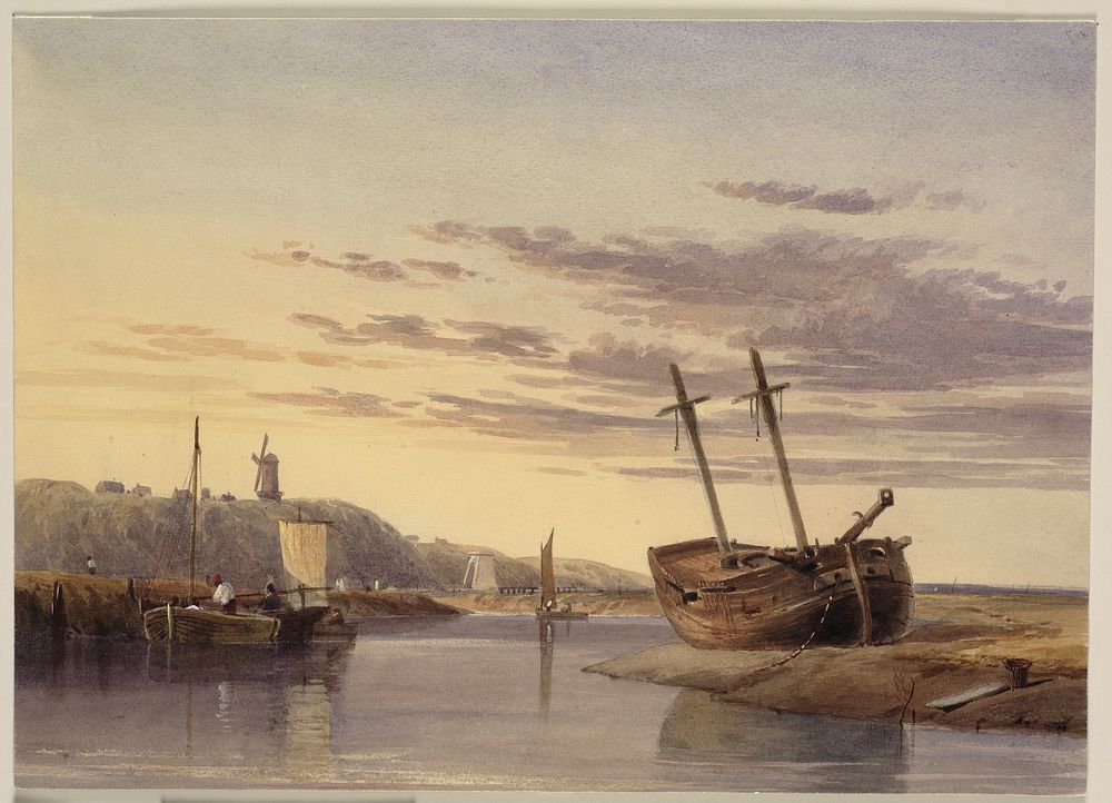 Coastal landscape.Fishing boats in estuary by Charles Bentley