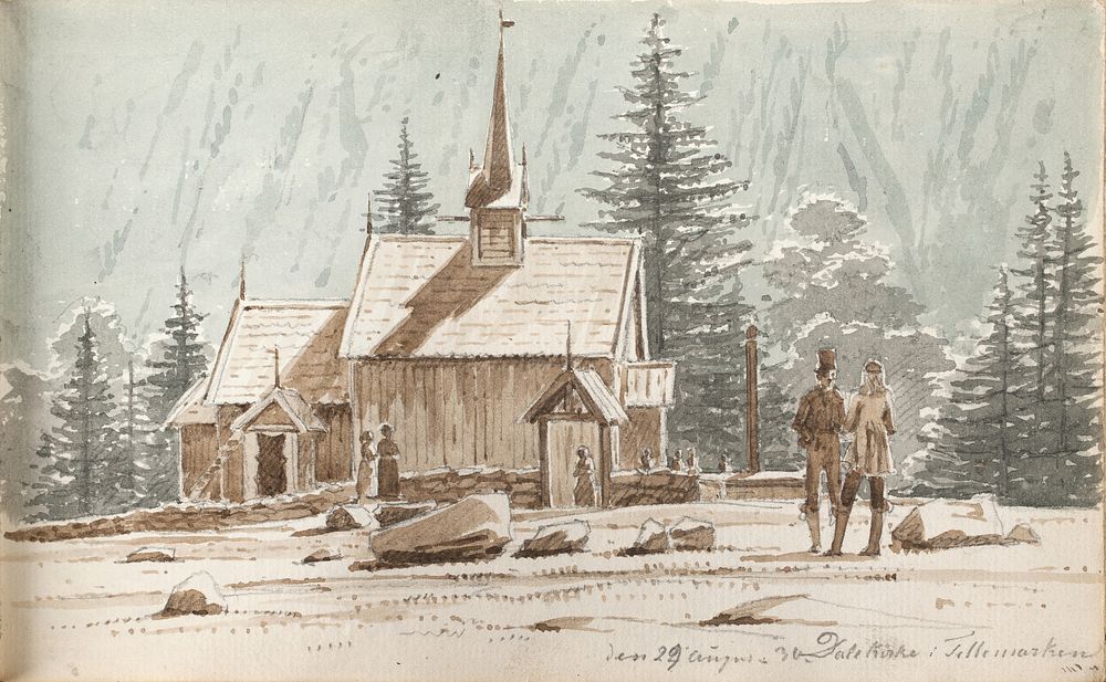 People at a stave church.In the background a hillside by Martinus Rørbye