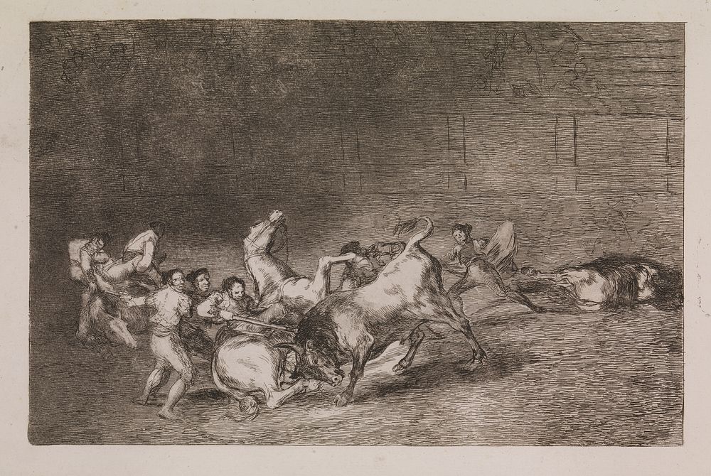 Two teams of picadors are one by one knocked over by a single bull by Francisco Goya