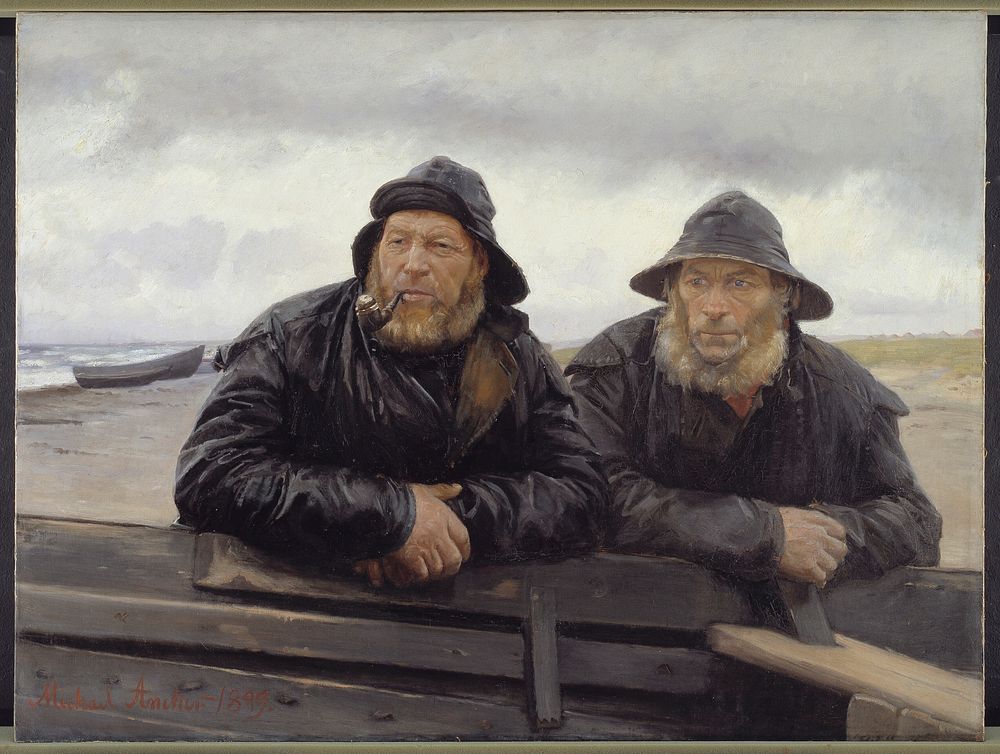 Two fishermen by a boat by Michael Ancher