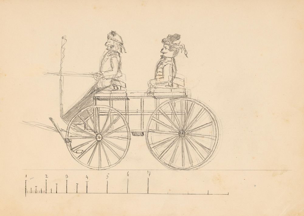 Sketch of a carriage with coachman and passenger (both sides)