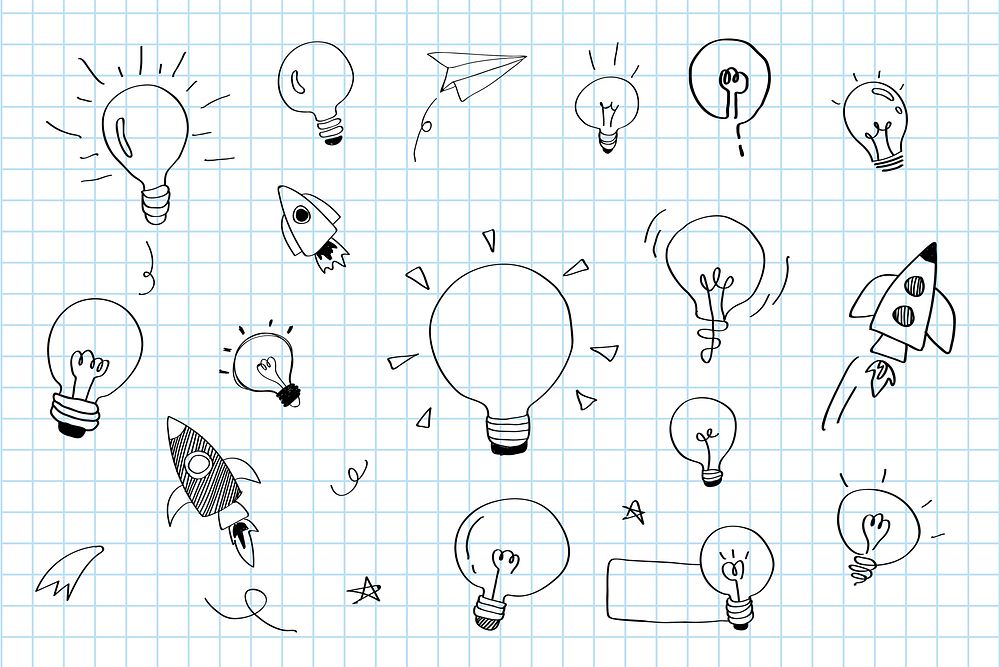 Creativity ideas light bulbs doodle set