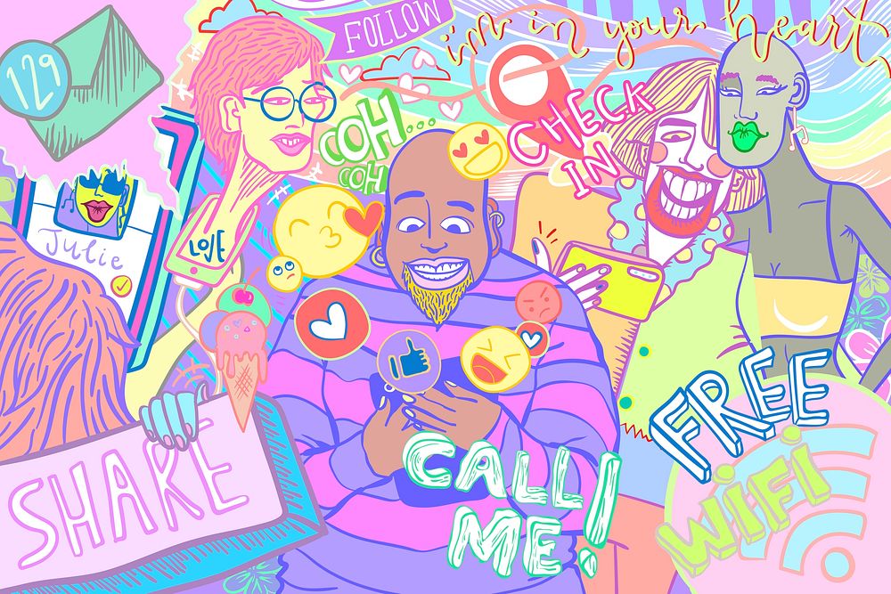 Social media addicts, colorful character illustration