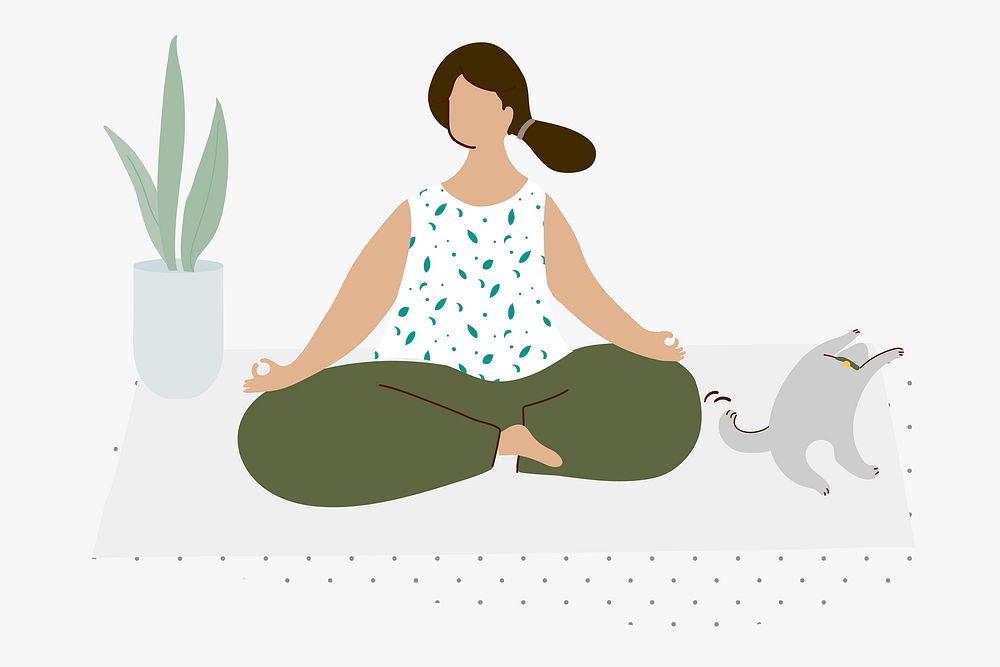 Woman meditating at home, cute illustration