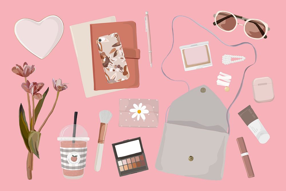 Daily bag objects, collage elements set psd