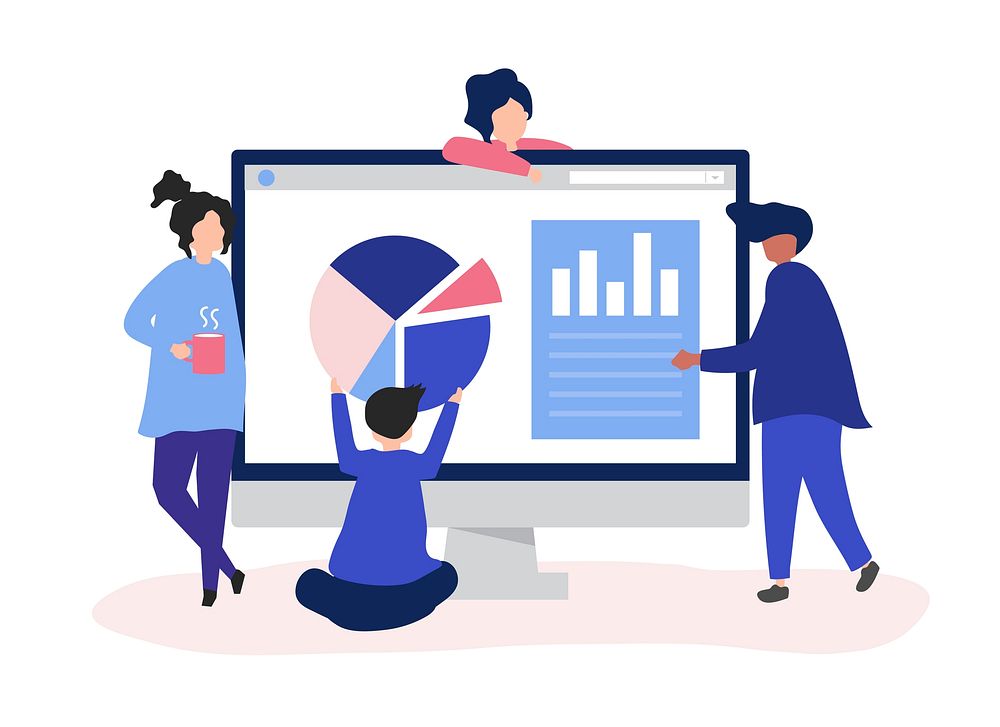 People analyzing graphs and diagrams illustration