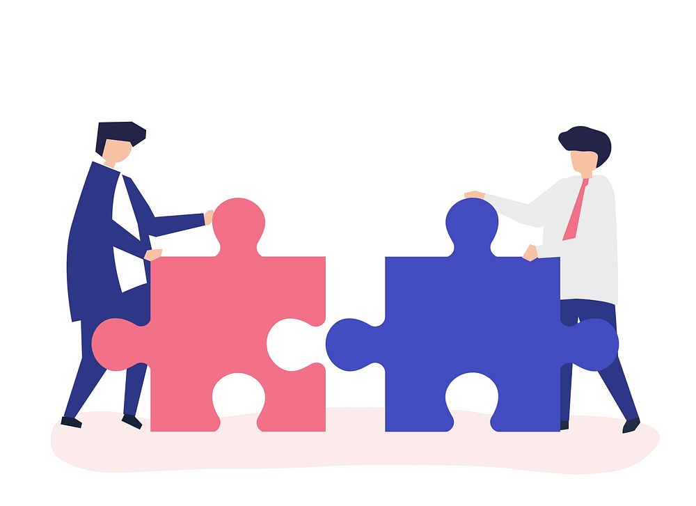 Colleagues connecting jigsaw pieces  illustration