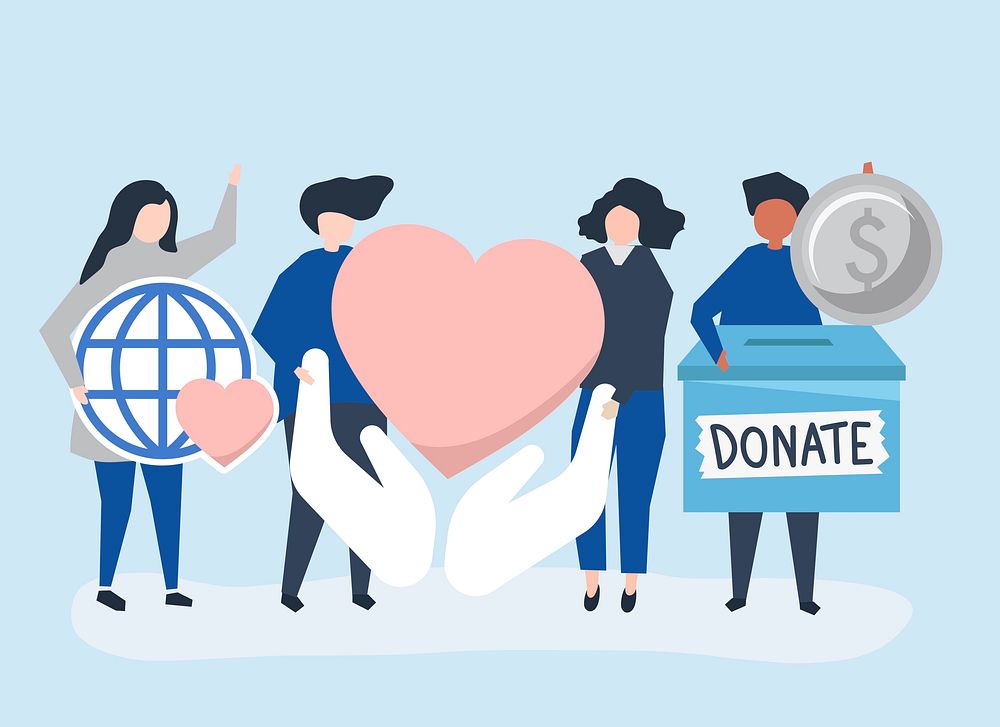 People carrying donation and charity icons  illustration