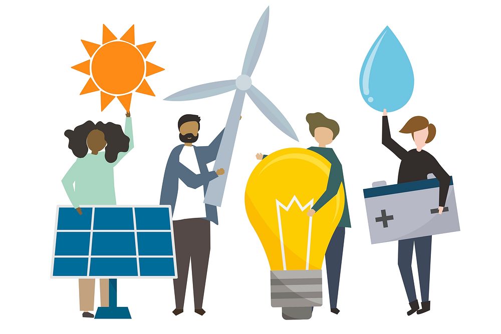 People holding sustainable energy icons illustration
