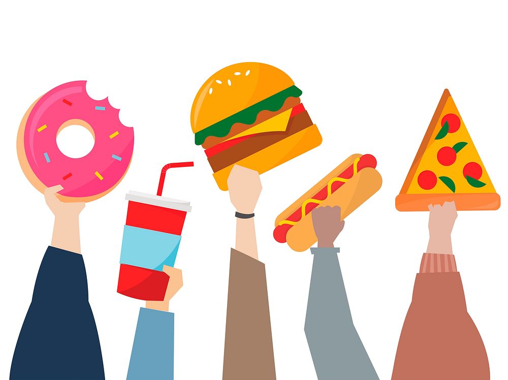 Hands holding junk food illustration