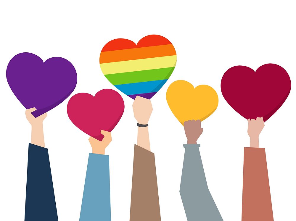 Diverse people holding hearts illustration