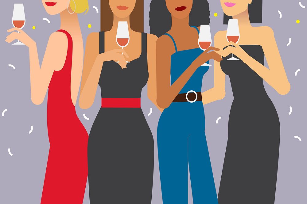 Women holding wine glasses, party illustration