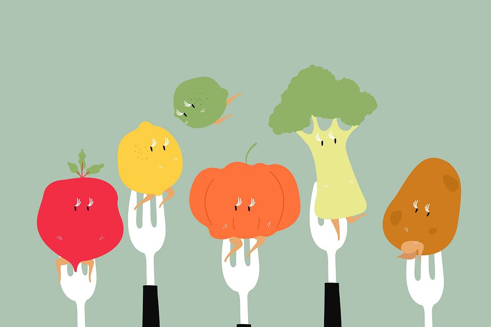 Vegetable cartoons on fork, healthy diet