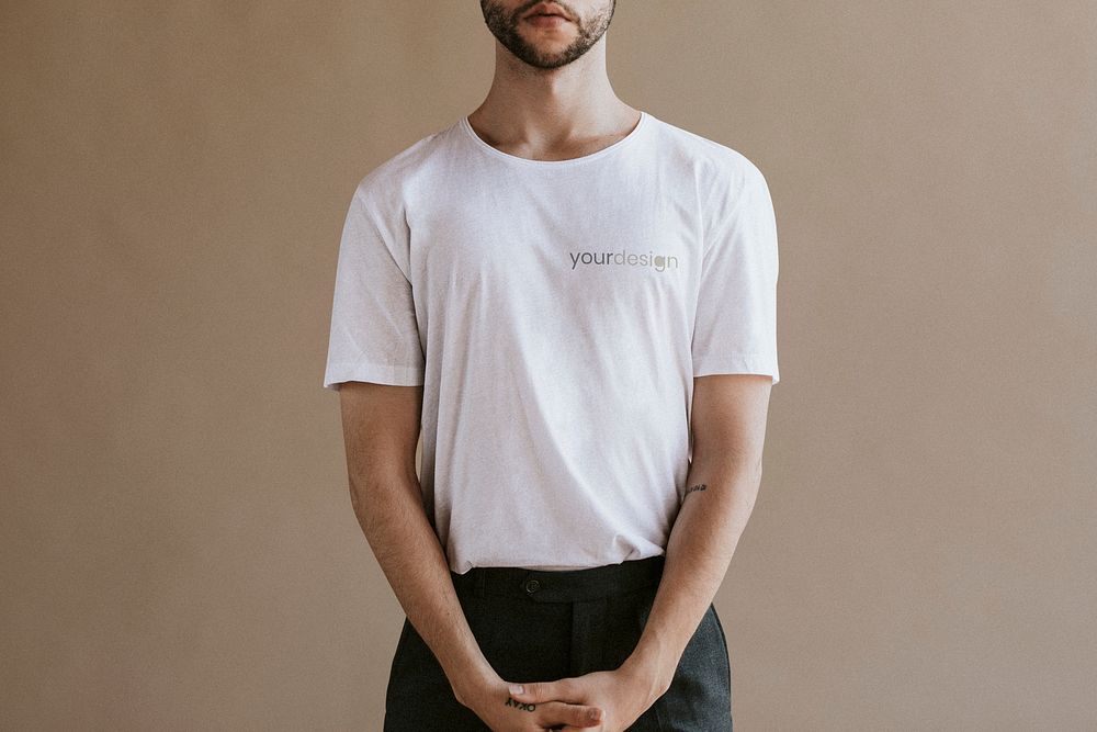 Bearded man in a white tee mockup