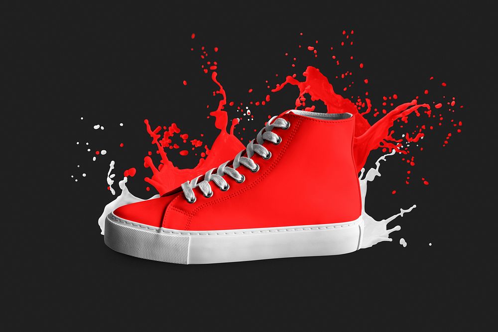 Red high top sneaker with colors splash